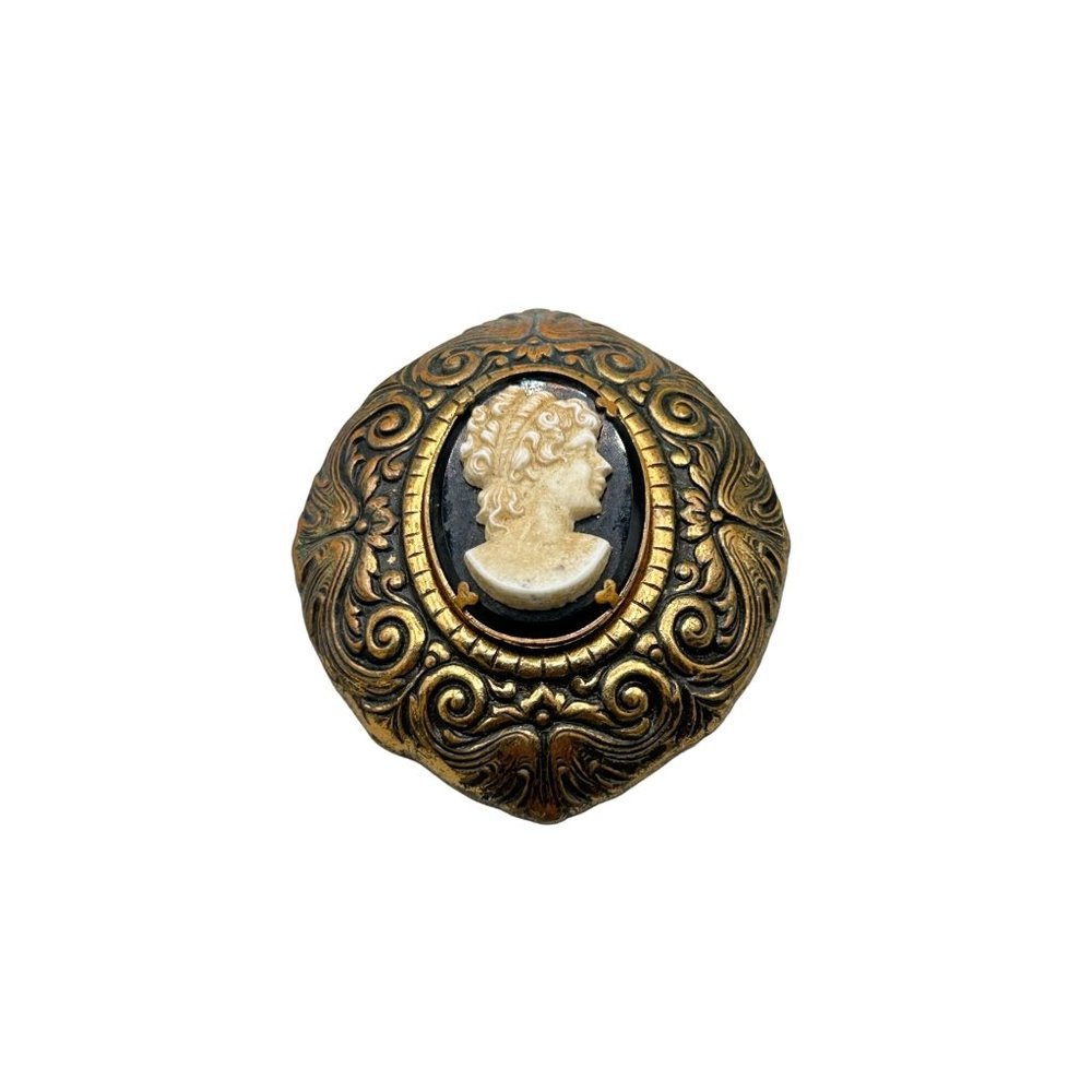 Vintage Faux Cameo Fur Clip Antiqued Gold Tone Eye Shaped Celluloid Older Cameo